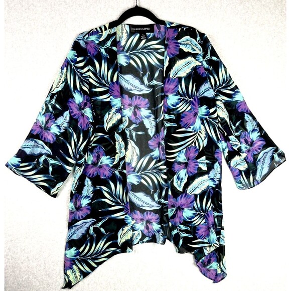Colleen Lopez Blouse Womens Small Blue Floral Sheer Kimono Flowy Summer Vacation - Picture 2 of 14